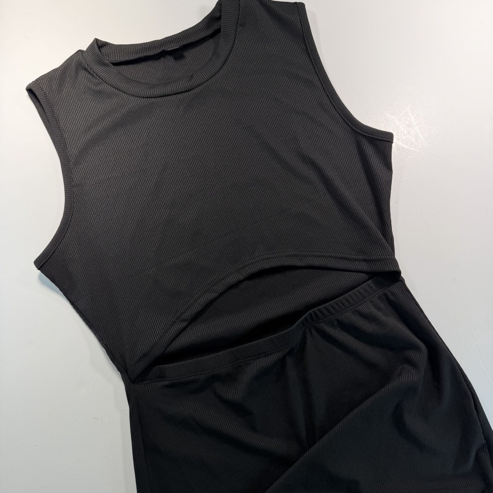 Women's Little Black Dress Front Cutout Sleeveless Bodycon‎ L Stretchy Ribbed
